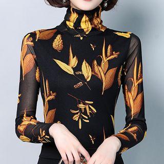 Mock-sleeve Long-sleeve Leaf Print Mesh Top