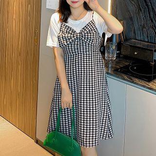 Spaghetti Strap Gingham Bow Midi A-line Dress