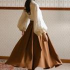 Puff-sleeve Lace Trim Blouse / Button-up Midi A-line Skirt / Set