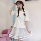 Lace Trim Short-sleeve T-shirt / Swan Embroidered A-line Mesh Skirt