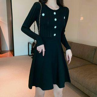 Floral Button Ribbed A-line Knit Dress