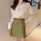 Printed V-neck Blouse / High-waist Mini A-line Skirt