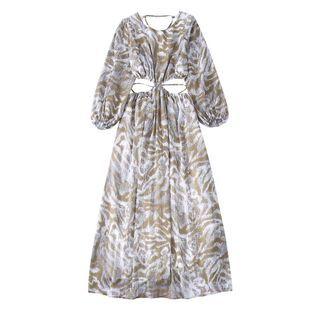 Long-sleeve Animal Print Cutout Midi A-line Dress