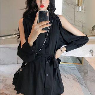 Long-sleeve Cold Shoulder Mini Shirt Dress / Frayed Hem Denim Shorts