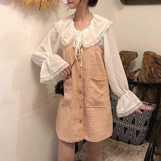 Set: Lace Trim Blouse + Tweed Pinafore Dress