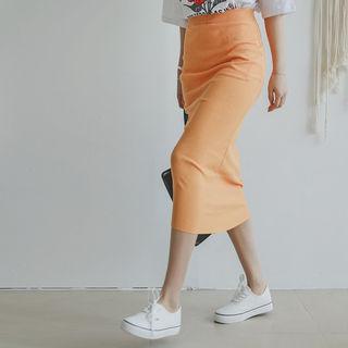 Colored Rib-knit Midi Pencil Skirt