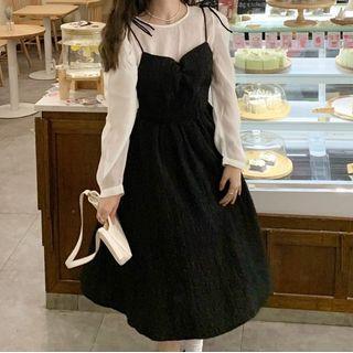 Long-sleeve Sheer T-shirt / Spaghetti-strap Plain Dress