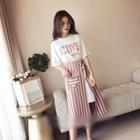 Set: Short-sleeve T-shirt Dress + Striped Midi Skirt