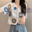 Short-sleeve Eyelet Lace Color Block Light Cardigan
