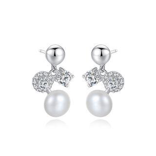 Sterling Silver Fashion And Elegant Geometric Round White Freshwater Pearl Earrings With Cubic Zirconia Silver - One Size