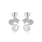 Sterling Silver Fashion And Elegant Geometric Round White Freshwater Pearl Earrings With Cubic Zirconia Silver - One Size