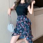 Sleeveless Lace Top / Camisole Top / Floral A-line Skirt / Set
