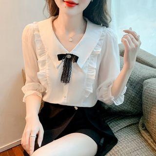 Elbow-sleeve Ruffle Bow Accent Blouse