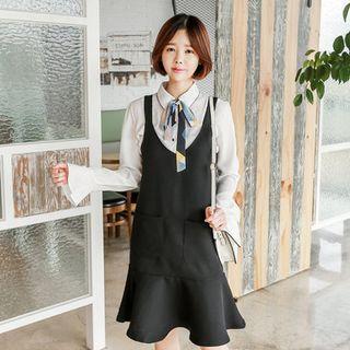 Bell-sleeve Piped Blouse With Patterned Scarf