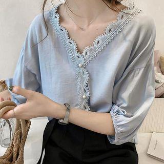 3/4-sleeve Lace Trim Chiffon Blouse