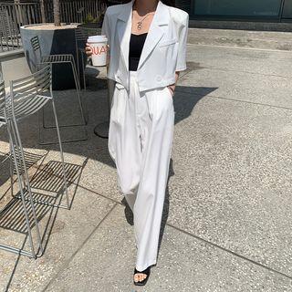 Set: Double-breasted Cropped Blazer + Wide-leg Dress Pants