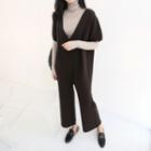 Deep V-neck Wool Blend Jumpsuit Brown - One Size