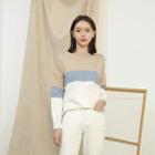 Color-block Loose-fit Knit Top Pink - One Size