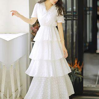 Lace Short-sleeve Midi Tiered Dress