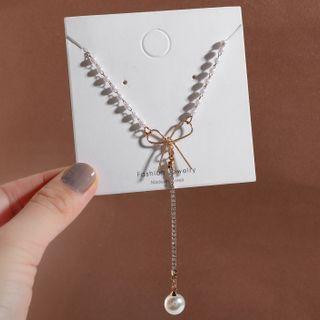 Faux Pearl Bow Rhinestone Necklace Pearl Bow Necklace - One Size