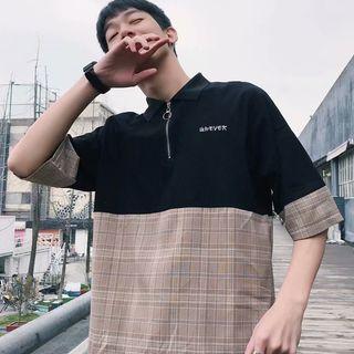 Plaid Panel Elbow-sleeve Polo Shirt