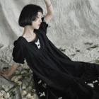 Short-sleeve Butterfly-accent Frill Trim Midi A-line Dress