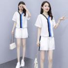 Set: Short Sleeve V-neck Contrast Trim Top + Drawstring Sport Shorts