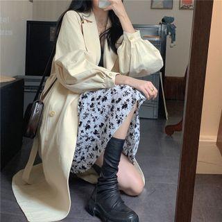 Puff Sleeve Double Breasted Long Jacket Almond - One Size