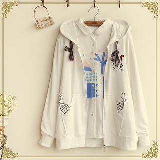 Cat Embroidered Hooded Zip Jacket