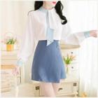Two-tone Tie-neck Blouse / A-line Wrap Skirt