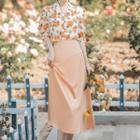 Set: Elbow-sleeve Flower Print Shirt + Midi A-line Skirt