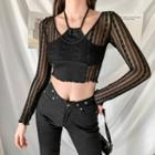Mock Two-piece Long-sleeve Lace Crop Top