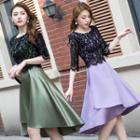Asymmetric Elbow-sleeve Lace Panel A-line Dress