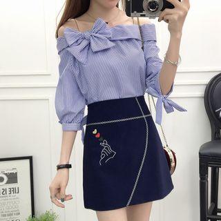 Set: Pinstriped 3/4 Sleeve Blouse + Embroidered A-line Skirt