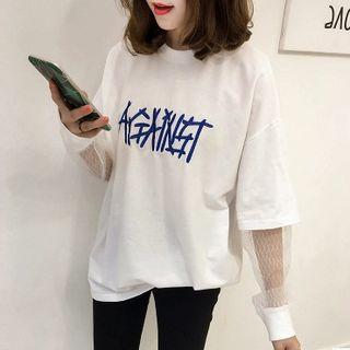 Mesh Panel Long-sleeve Lettering T-shirt
