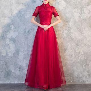 Short-sleeve Mandarin Collar A-line Evening Gown