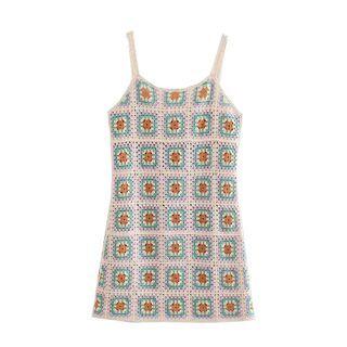 Spaghetti-strap Crochet Knit Mini A-line Dress