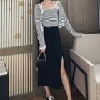 Set: Striped Cardigan + Camisole Top + Plain Midi A-line Skirt