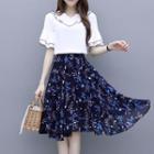 Set: Contrast Trim Ruffle Elbow-sleeve Blouse + Flower Print A-line Skirt