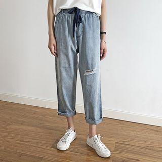 Elastic Waist Frayed Hem Ripped Jeans