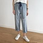 Elastic Waist Frayed Hem Ripped Jeans