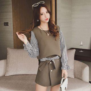 Set: Mock Two-piece Stripe Long-sleeve Top + Buttoned Mini A-line Skirt