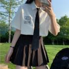 Short-sleeve Cat Print Shirt / Plain Tie / Mini Pleated Skirt / Set