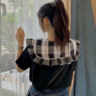 Short-sleeve Plaid Sailor Collar Top