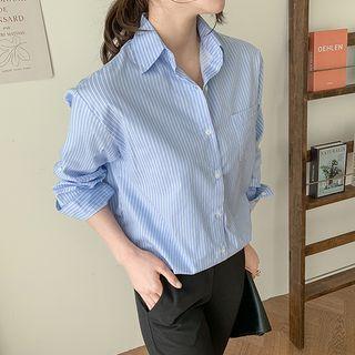Pocket-front Tab-sleeve Pinstriped Shirt
