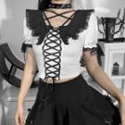 Short-sleeve Collared Lace-up Crop Top