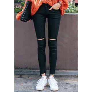 Slit-knee Coated Skinny Jeans