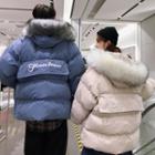 Couple Matching Furry-trim Lettering Embroidered Hooded Padded Jacket