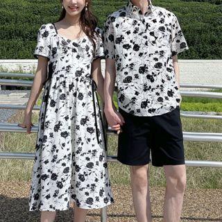 Couple Matching Short-sleeve Floral Midi A-line Dress / Shirt / Shorts