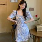 Short-sleeve Floral Print Square-neck Mini A-line Dress